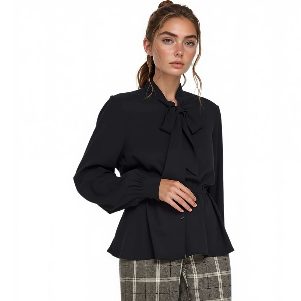 Women’s Plus Size Pleione Tie Neck Button Down Peplum Blouse in Black Size 3X